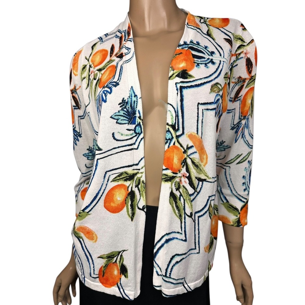 Chico's Size 0 / S Cardigan Sweater 3/4 Sleeve White w Oranges & Green Leaves